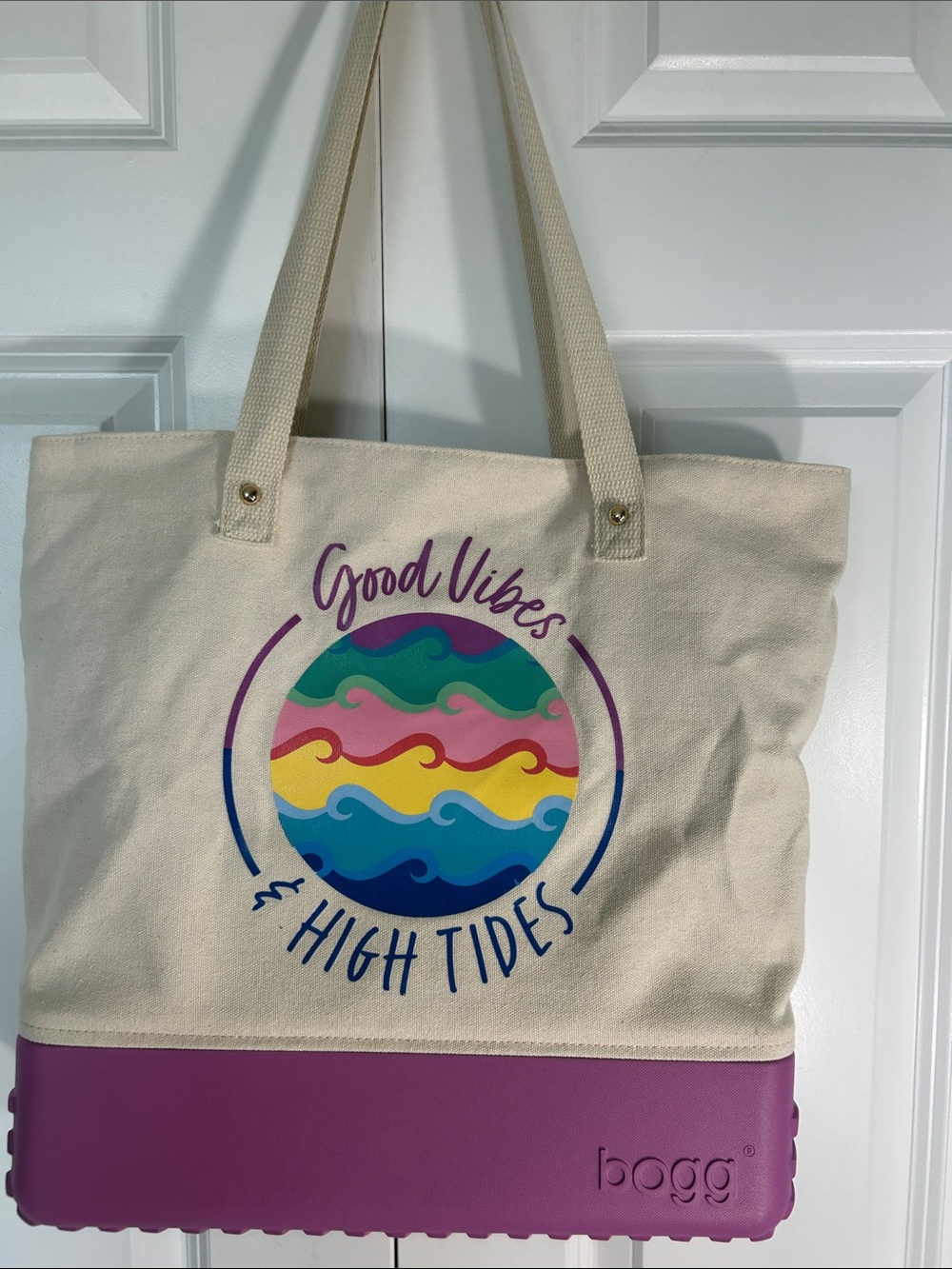 BOGG BAG Cream Canvas Tote with Purple Base and Multicolor Wave Graphic